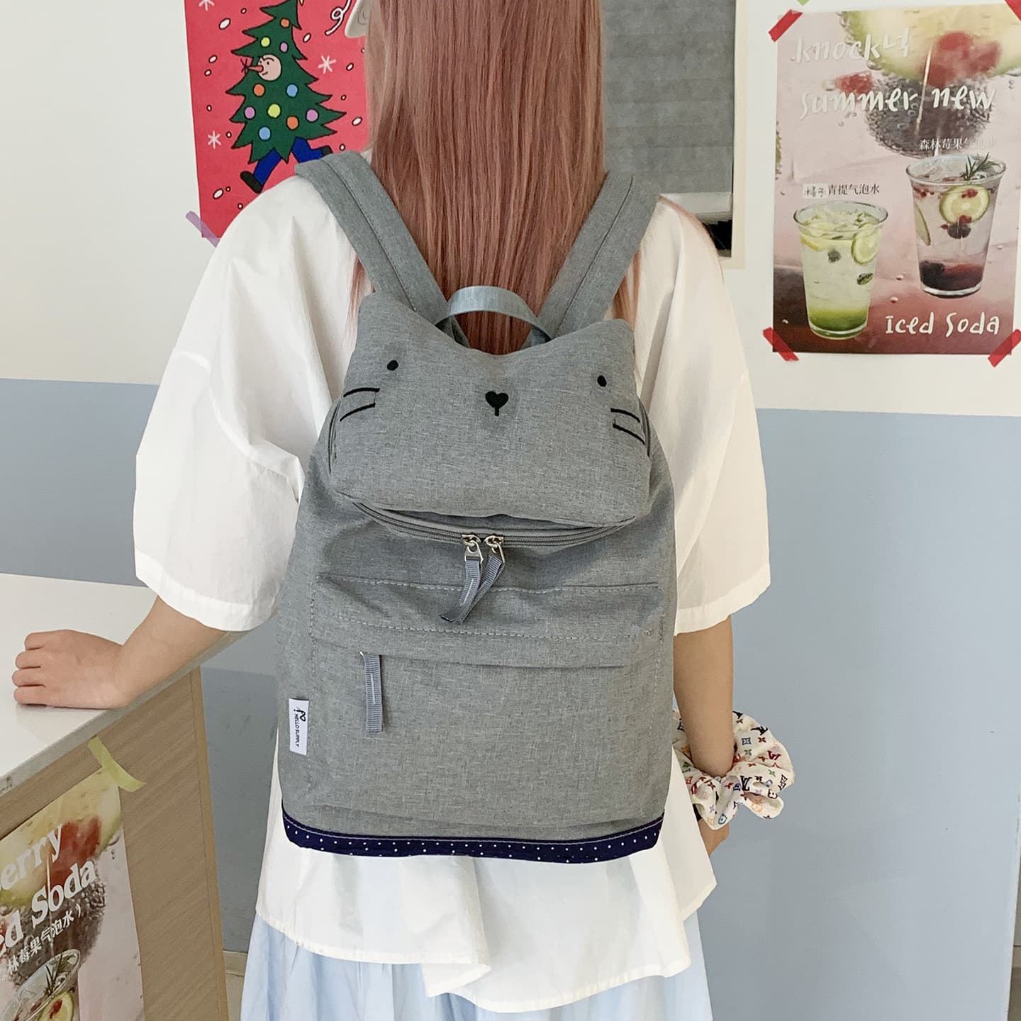 Cross-border 2025 new Japanese style gray simple cat large capacity school bag daily school design casual versatile bag