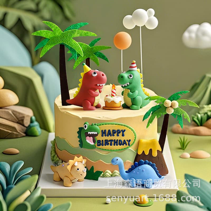 Cake Decoration Volcano Coconut Tree Triceratops Tyrannosaurus Palm Tree Dinosaur Party Boy Birthday Insert
