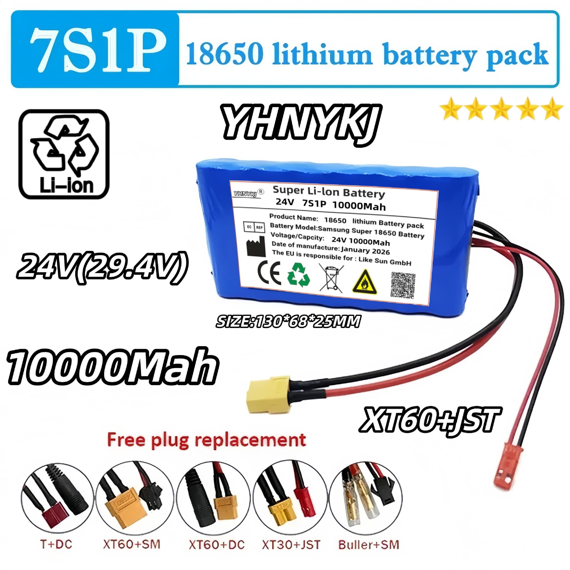 7S1P 18650 Lithium Battery Pack 24V 10Ah High Capacity for E-Bike / Power Tools with BMS