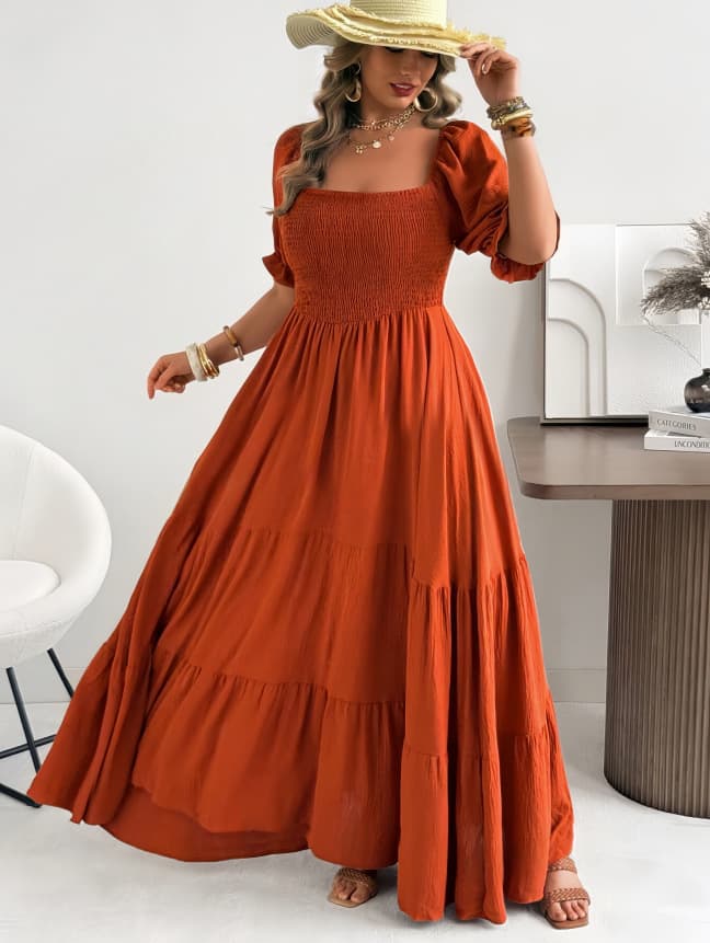 2026 New Plus Size French Square Neck Cinched Waist Maxi Dress for Summer, Slimming Bubble Sleeve Vacation Dress