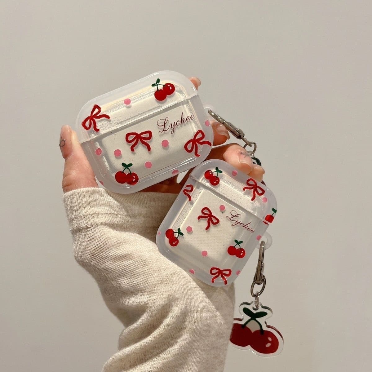 Compatible with Apple AirPods 3/4 Bluetooth Earbuds Protective Case, Cute Bow and Cherry Design for 2/3/4/5th Gen Storage