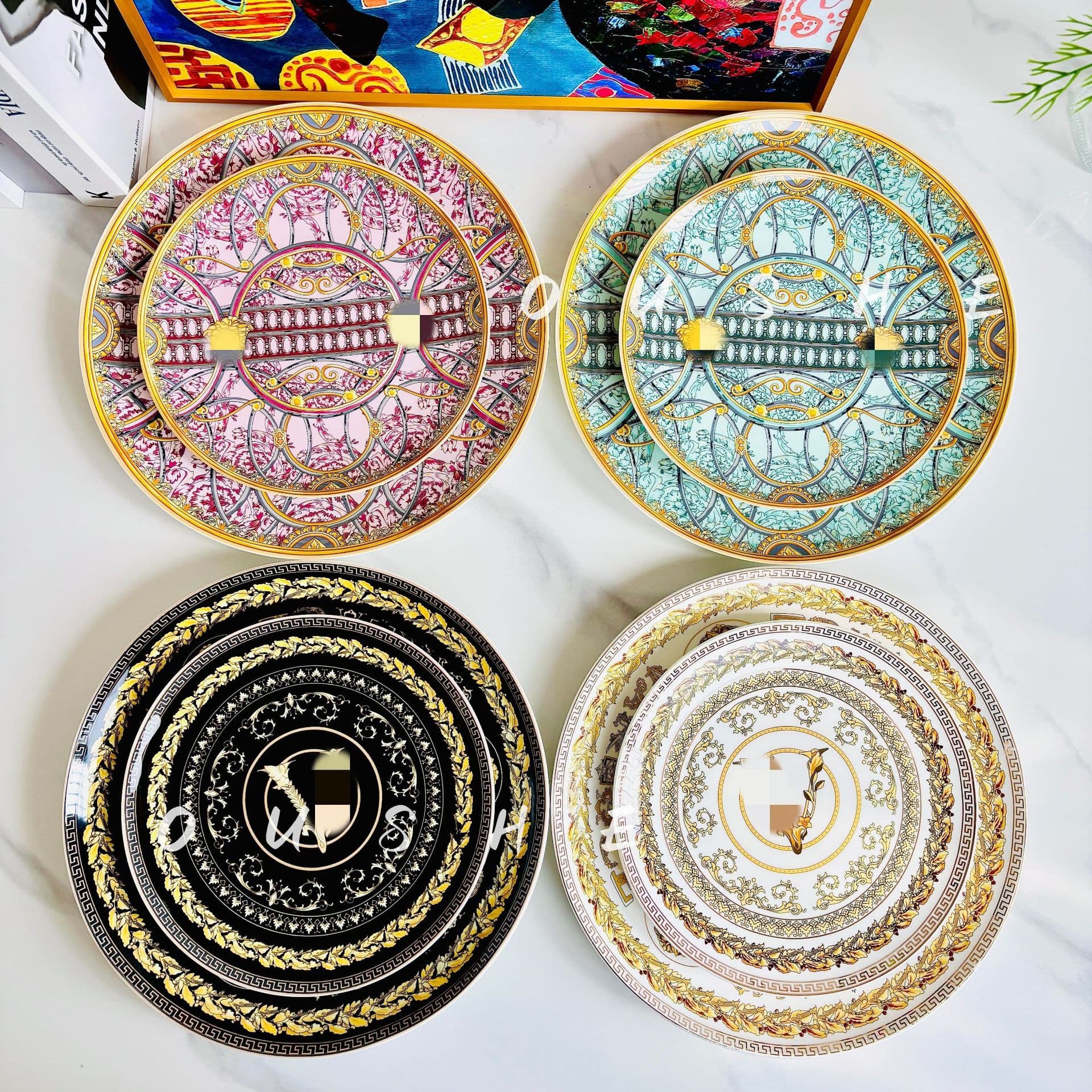 European-Style Light Luxury Retro V-Shaped Western Dinner Plate Cup Ceramic Gold-Stamped Round Plate Hotel Steak Plate Home Tableware Batch