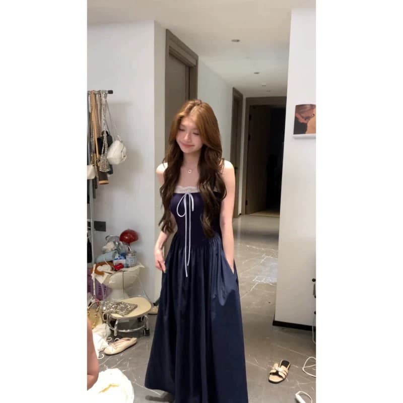 Korean Style Sleeveless Lace Suspender Dress for Women Summer Retro Navy Blue Off-Shoulder A-Line Skirt Mid-Length Waist-Cinching Skirt