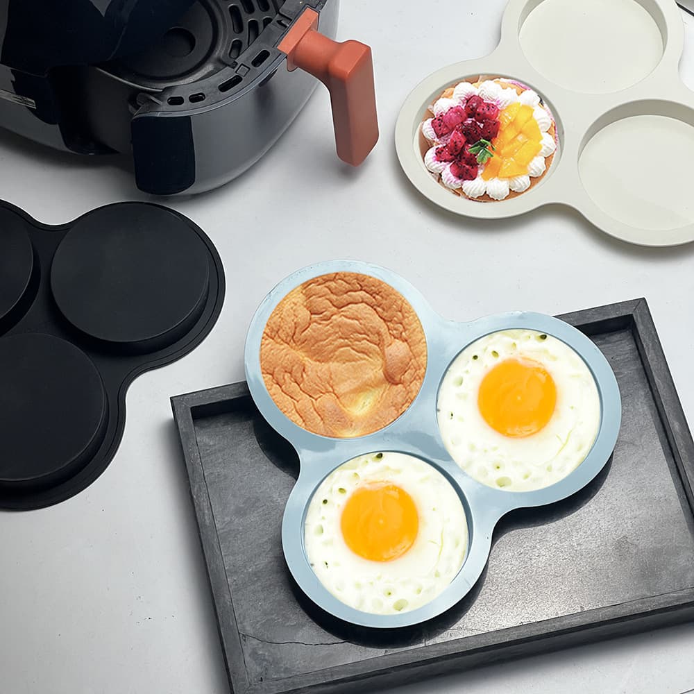 Round Fried Egg Silicone Molds Cake Bread Baby Food Plates Egg Tart DIY Baking 3-Cavity Pan for Steak Patties Oven