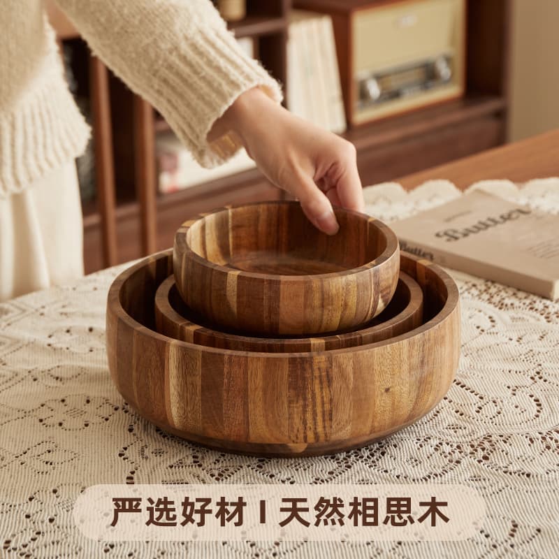 Customized cross-border wooden bowls, acacia wood, salad bowls, chopsticks, fruit plates, ice cream, dried fruits and grains, shallow solid wood
