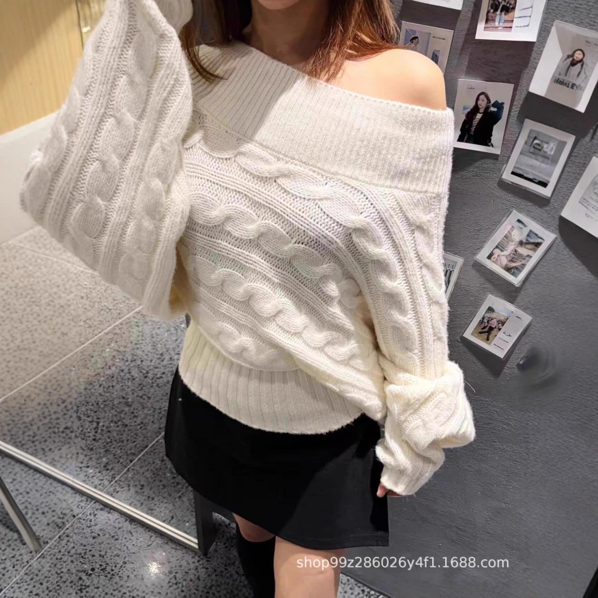 Nanyou Quality Tian Xiwei Same Style Deconstructed Off-Shoulder Cable Knit Sweater Loose Relaxed Vintage Knit Top for Women