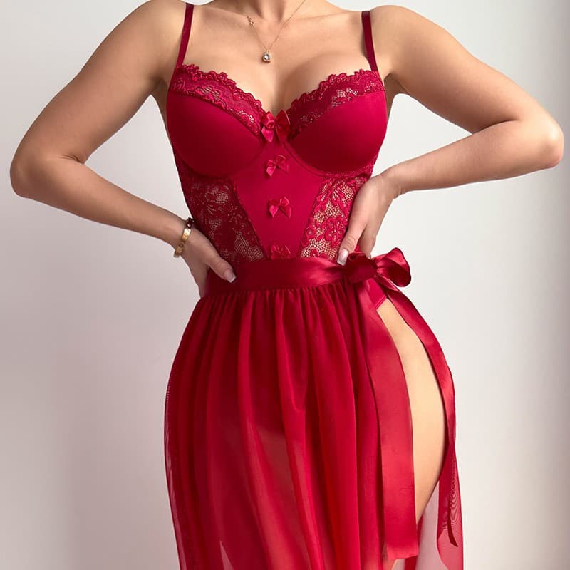 Women's Steel Bone Lace Sexy Lingerie Sheer Pure Desire Foreign Trade Mesh Long Dress Push-up Bow Cross-border Lingerie Set White