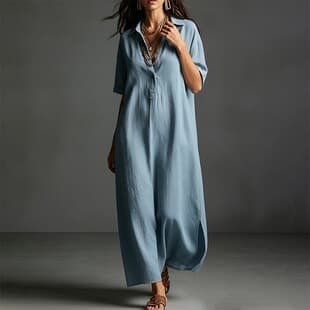 2026 European and American Women's Clothing Daily Casual Solid Color Dress Beach Vacation Style Short Sleeve Lapel Long Dress