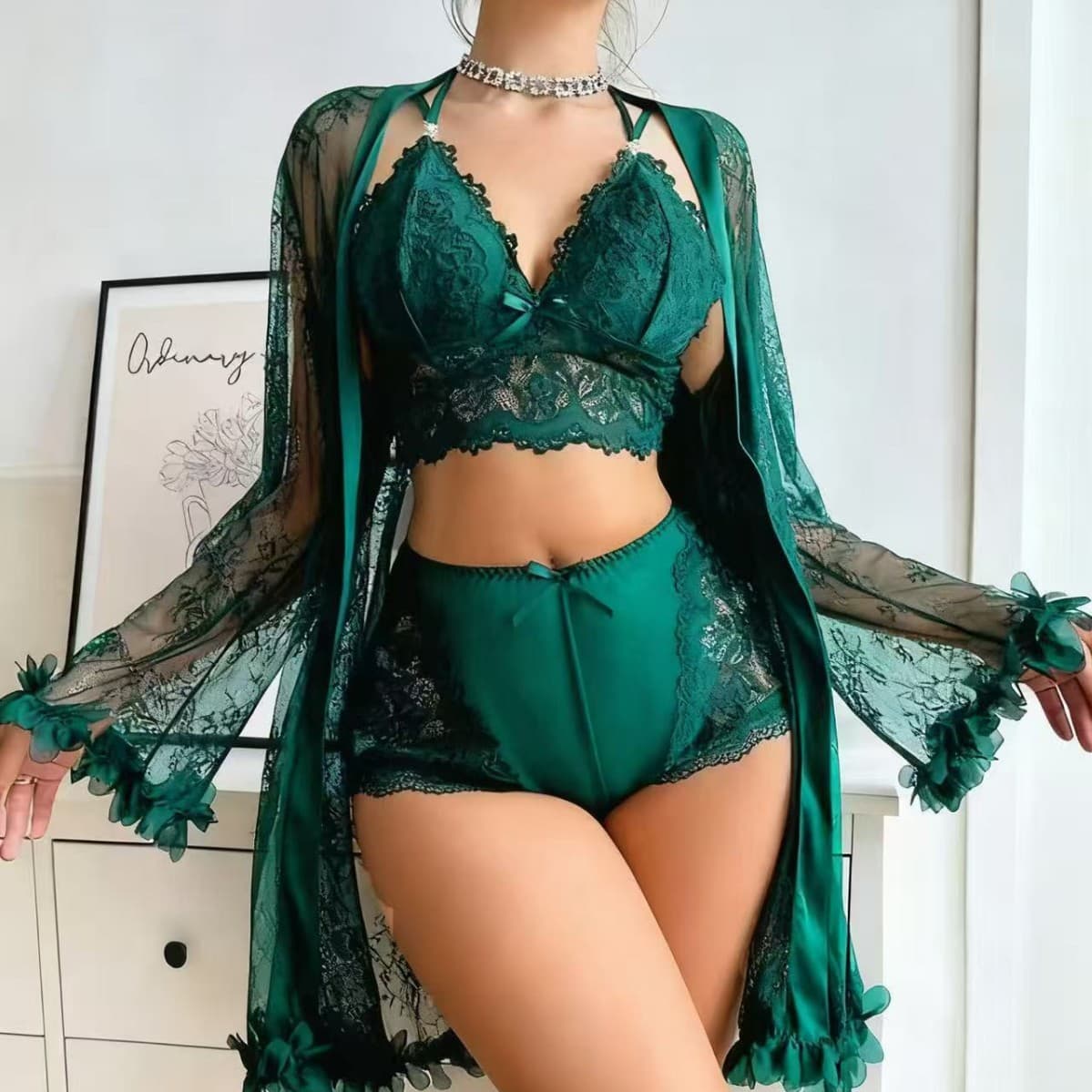 Cross-Border Europe America New Sexy Home Three-Piece Set Lace Bra Shorts Sexy French Style Lingerie Wholesale