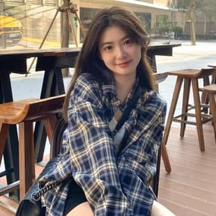 Plaid Hong Kong Style Shirt, Retro Cool Long Sleeve Sun Protection Blouse for Women, Autumn Cardigan Design Plaid Jacket