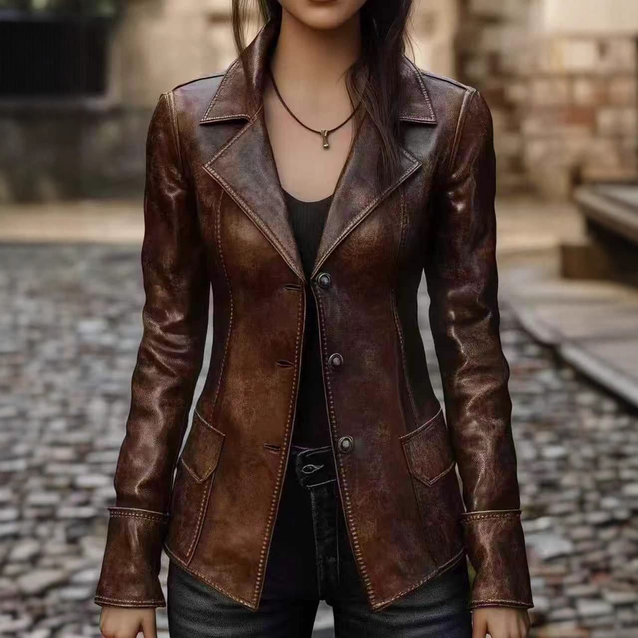 2025 Autumn New European and American Style Leather Jacket Top Retro Cool Biker Leather Coat for Women