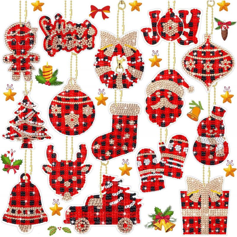5D 15-Piece Christmas Diamond Painting Keychain Decoration 5D DIY Diamond Painting Keychain Heat Transfer