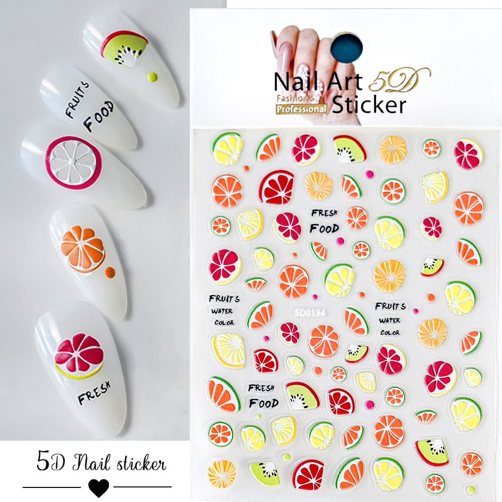 Summer Fresh Style Fruit Embossed Nail Art Stickers Three-Dimensional Lemon Strawberry Cherry Back Card Cross-Border Nail Stickers
