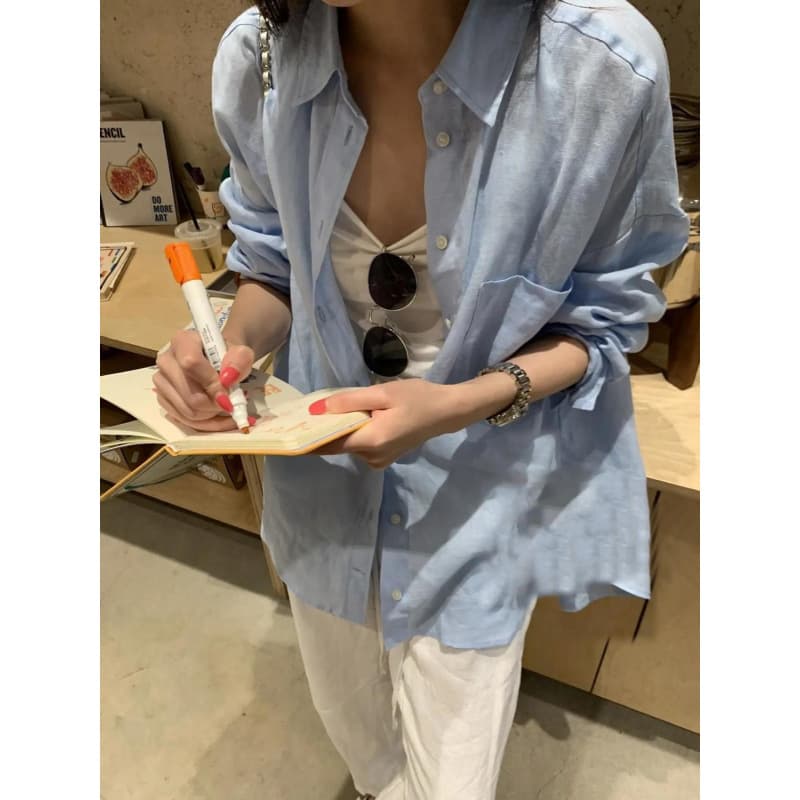 Old money style simple linen temperament POLO light blue shirt oversize sun protection jacket