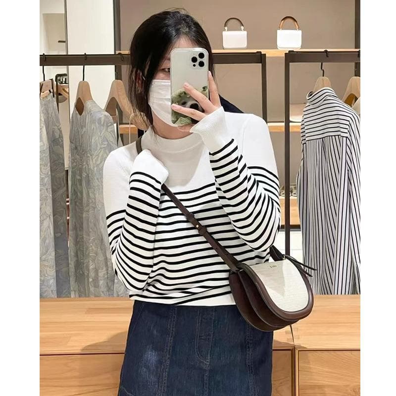 Icic*Le Autumn New Ultra-Fine Cotton Round-Neck Simple Striped French-Style Women's Knitwear Inner Layer