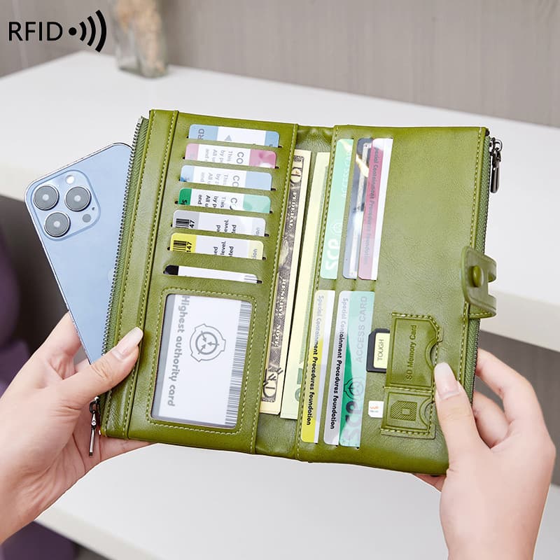 Cross-border RFID anti-theft brush women's wallet oil wax leather double zipper long wallet European and American new retro clutch bag