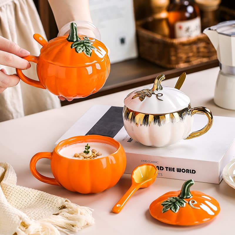 Premium Ceramic Pumpkin Mug with Lid and Spoon, Stylish Milk and Coffee Cup, Home Breakfast Cup