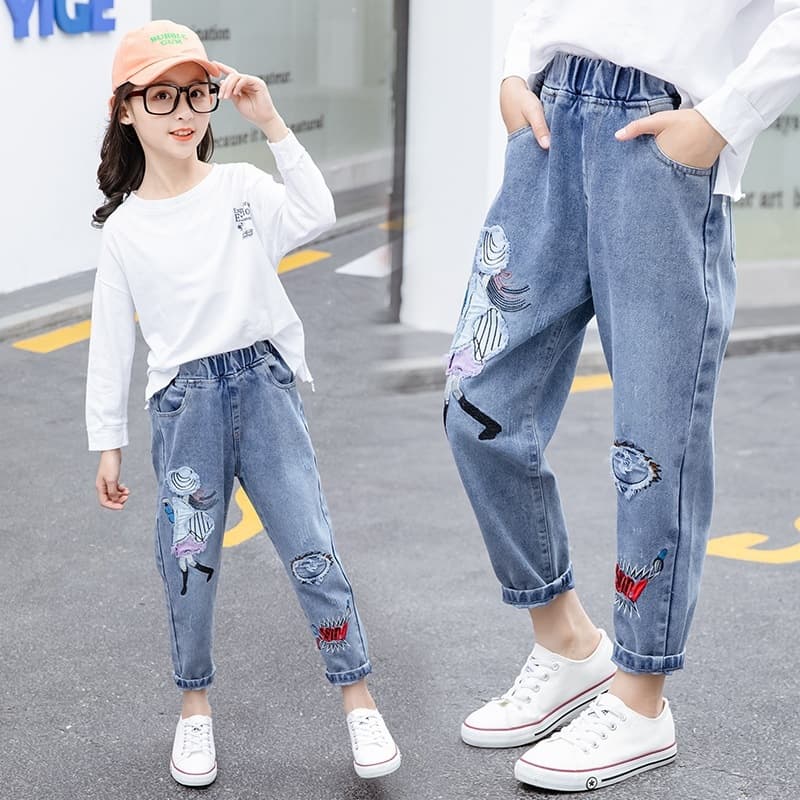 Girls' Jeans 2024 New Factory Wholesale Large Children's Embroidered Pants Little Girl's Foot Pants