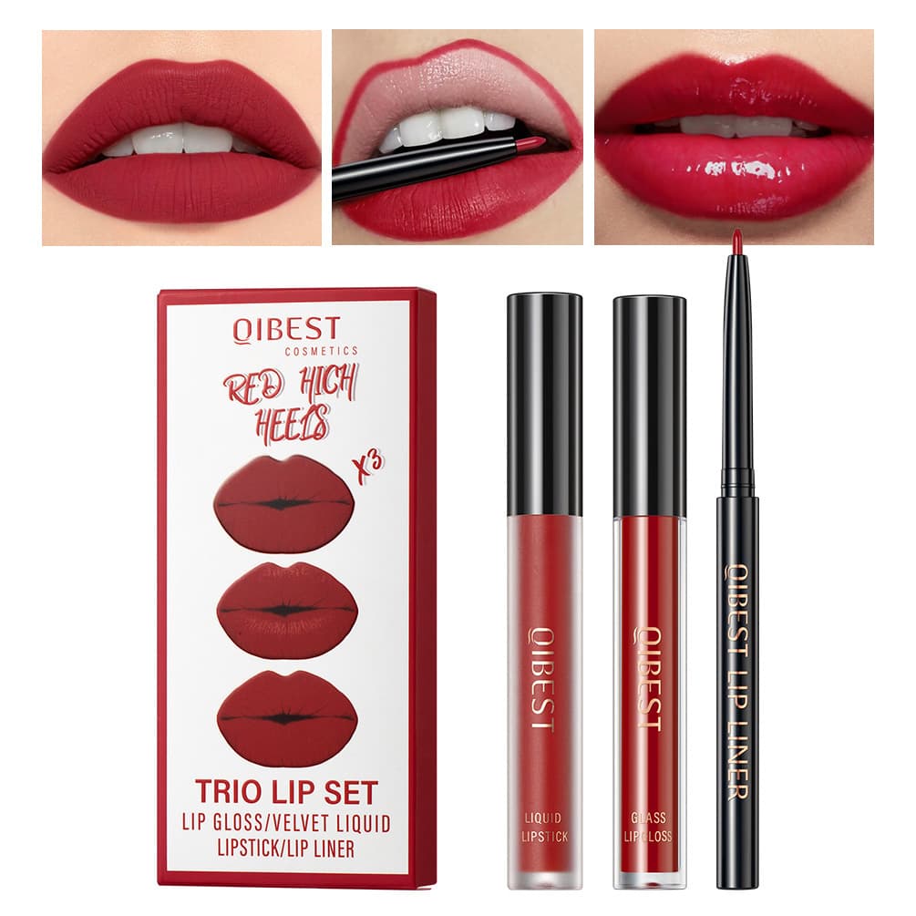 Qibest Cross-Border Non-Stick, Non-Fading Lip Glaze Matte Moisturizing Lip Liner Set Three-In-One Makeup