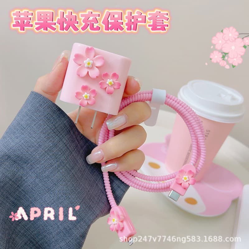 Pink Sakura Pattern DIY Cartoon Protective Case for Apple 14 Data Cable and 20W Charger