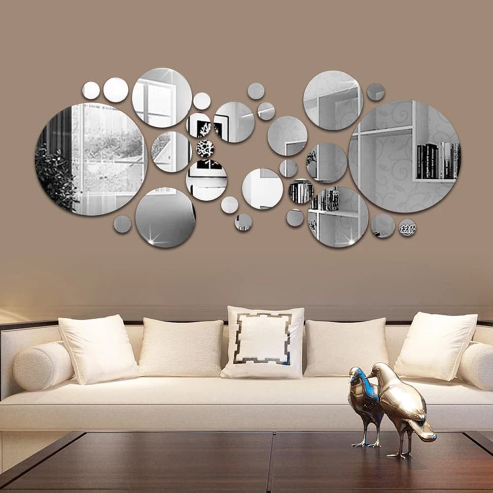 Large and Small Circle Mirror Wall Stickers, 3D Acrylic Wall Decor, 15cm Large Circles, Sets of 32 and 26 Pieces in Two Styles