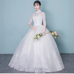 Vintage Mid-Sleeve Stand Collar Light Wedding Dress with Full Train Floor-Length Veil for Bride Going-Away Ceremony, Photography Studio Factory Direct Wholesale