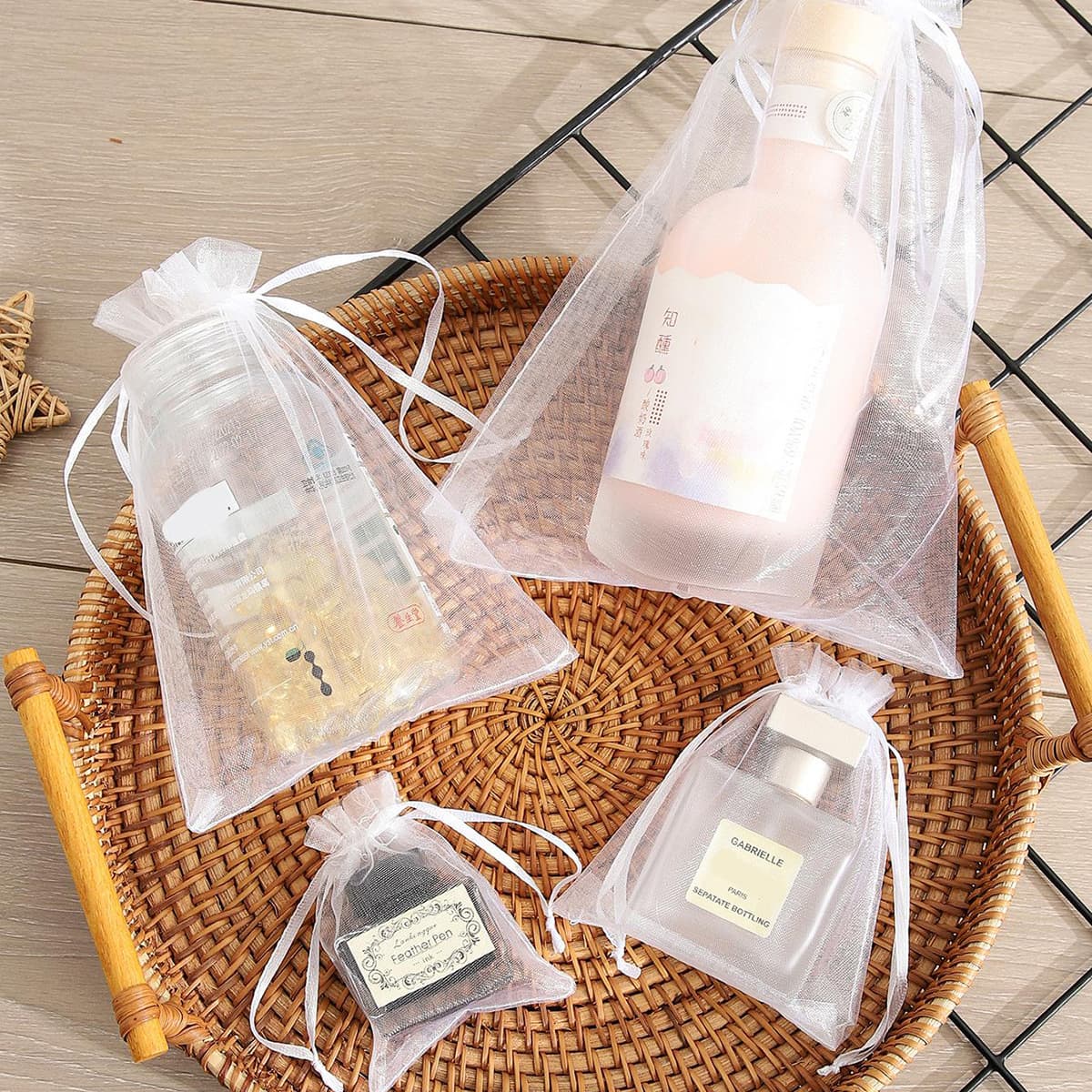 Free shipping, in stock, transparent organza nylon mesh bags with drawstring, suitable for cosmetics, gifts, storage, scarves, and packaging.