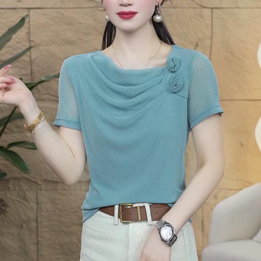 Original Summer Stylish Fashion All-match Elegant Age-reducing Base Shirt Women's Bright Silk Short-sleeved Slim T-shirt Top