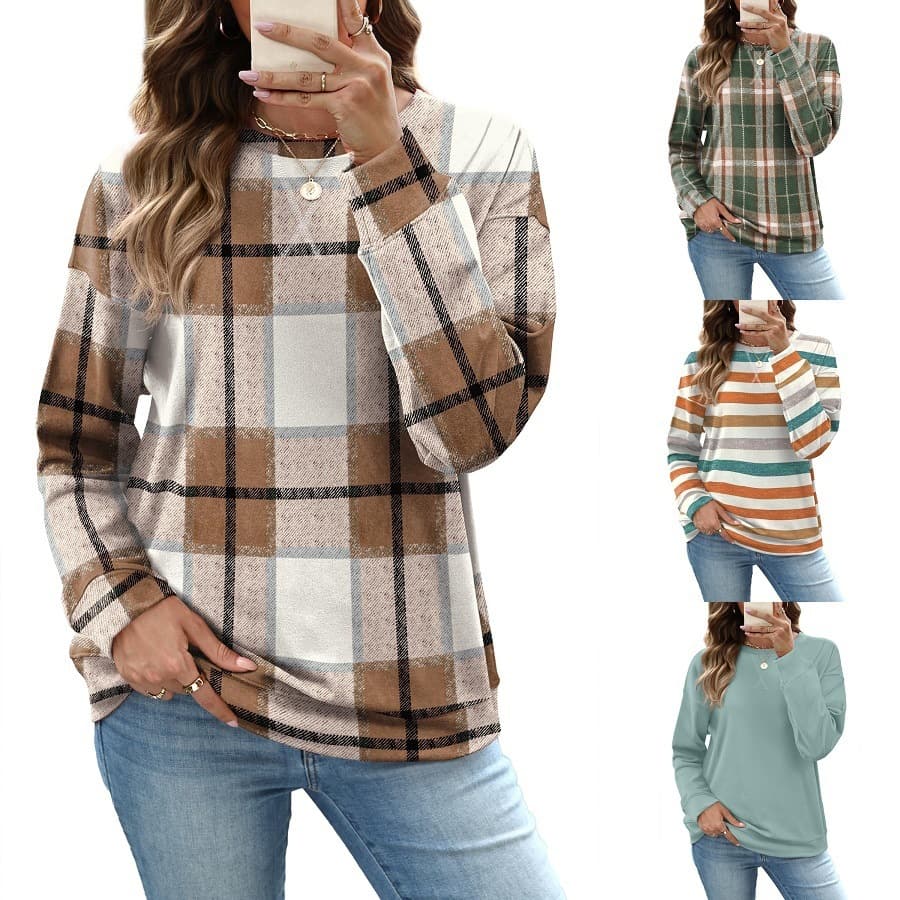 2026 Cross-border Europe and America Women's Autumn New Loose Plaid Pullover Hoodie Long Sleeve Round Neck Top