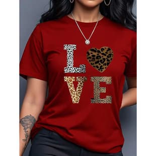 AliExpress Cross-border Women's Hot Selling Cotton Leopard Print Heart LOVE T-Shirt Women's European and American Personality Letter Print