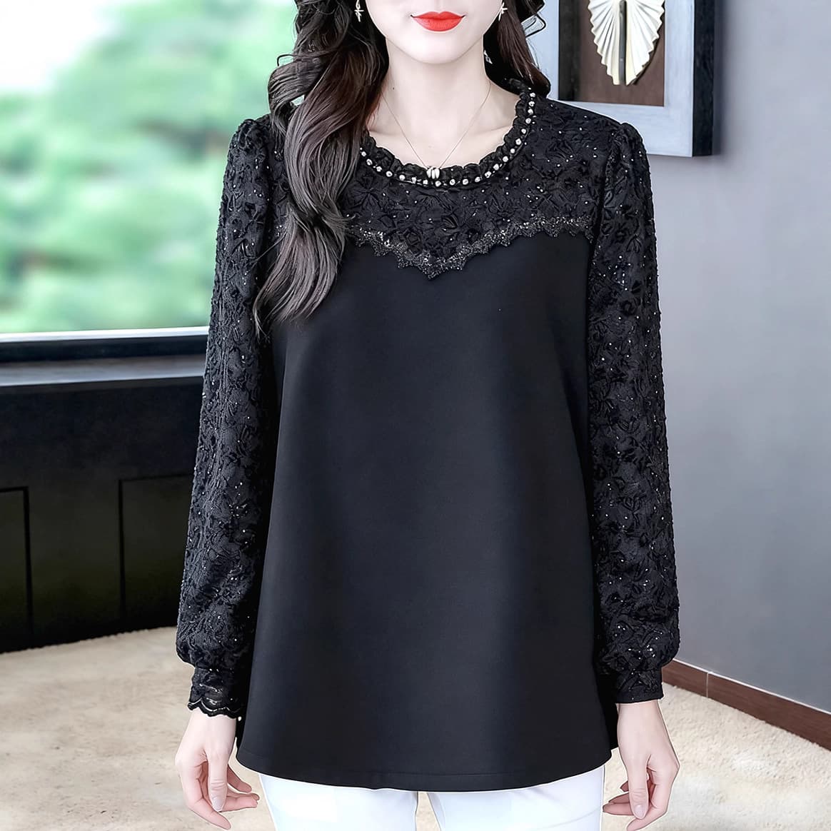 New Autumn/Winter Lace Plus Size Blouse for Women, Slimming & Elegant Jacquard Long Sleeve Lace Shirt, Middle-Aged Women's Fashion