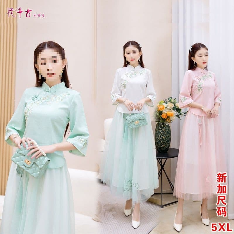 Ethnic-style embroidered midi-length retro-style spring and autumn outfit, fairy-like and elegant double-layer mesh skirt for best friends.