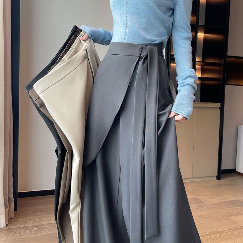 Irregular Strap Wide-Leg Trousers for Women 2026 Spring Summer High-Waist Draped Slimming Casual Straight Hem Floor-Length Pants Skirt Pants