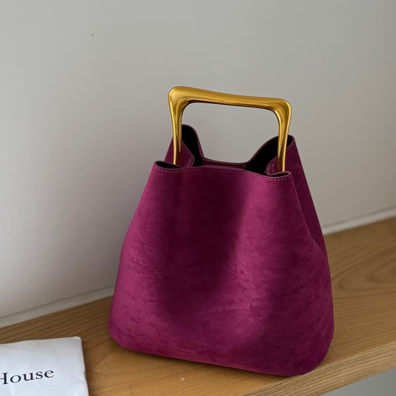 European and American Style Rose Red Suede Bucket Bag Suede Casual Simple Light Luxury Metal Handle Handbag
