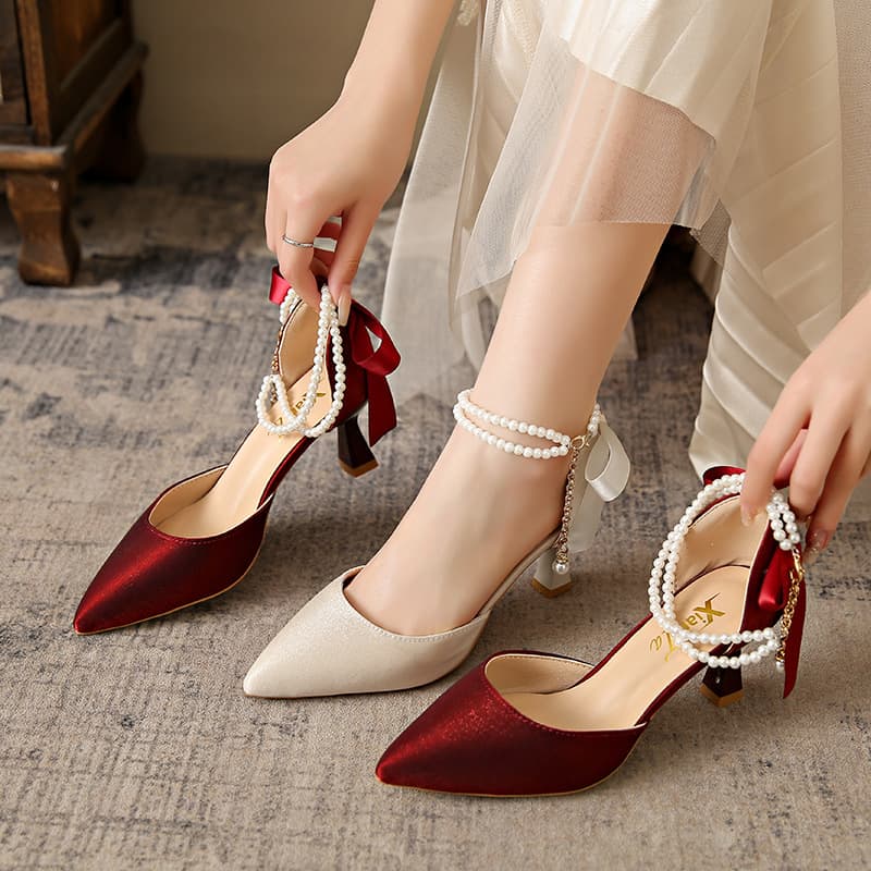 French fairy style stiletto high heels for women 2026 new style pearl bow one-word strap toe sandals for women