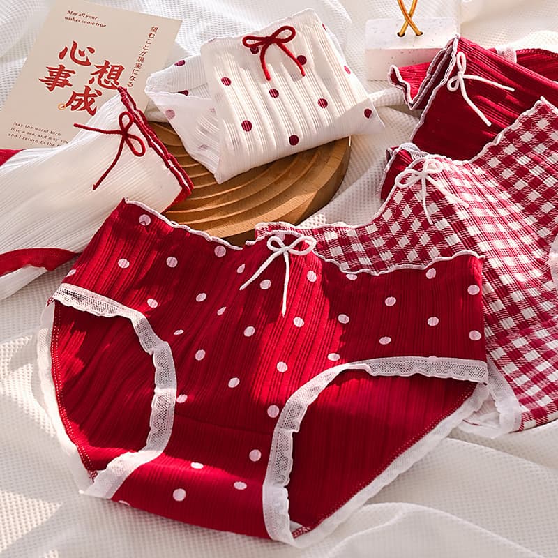 Sweet Lolita Red Panties for Women, Cute and Sweet Girl Triangle Panties, Hip-Hugging Breathable Mid-Waist Women's Underwear