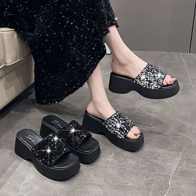 Platform sole thick sole single strap slippers women's 2025 post-apocalyptic style versatile fashionable sequin wedge platform anti-slip slippers