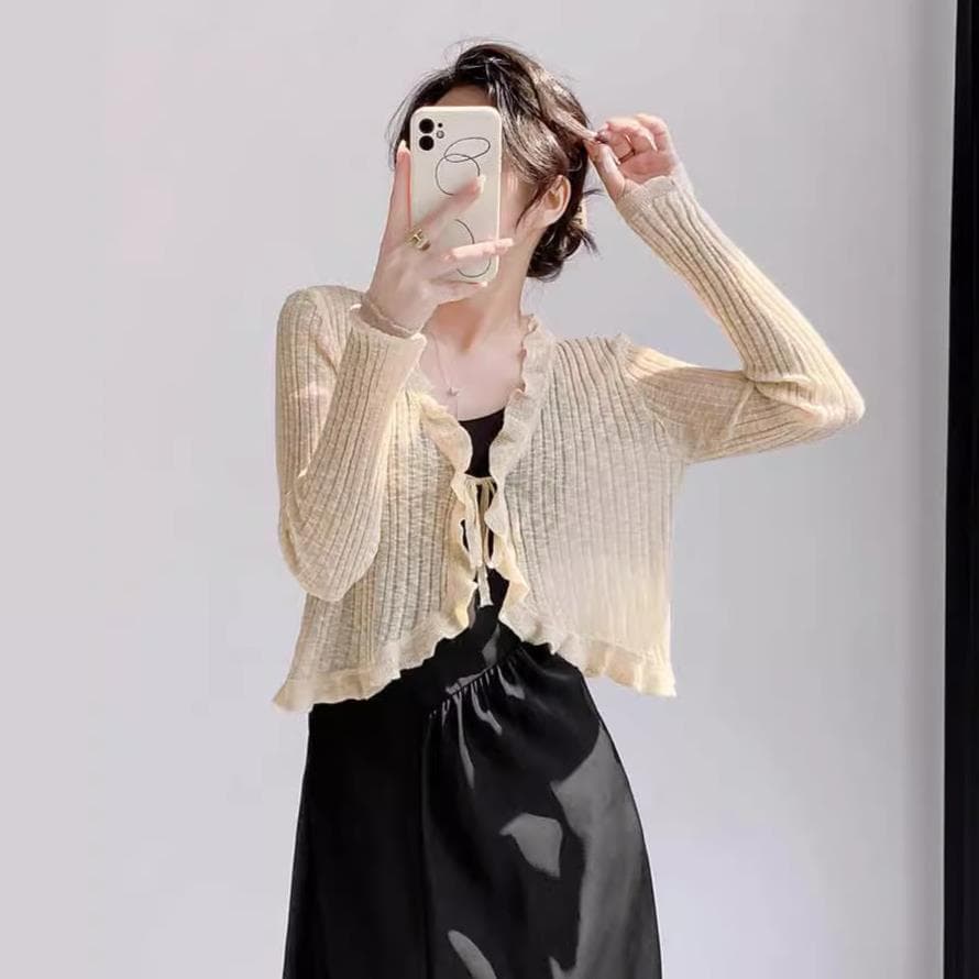 Women Thin Strapless Air Conditioner Cover-up Shawl Cape Fairy Tie Belt Outerwear Ice Silk Elegant Sun Protection Knit Cardigan