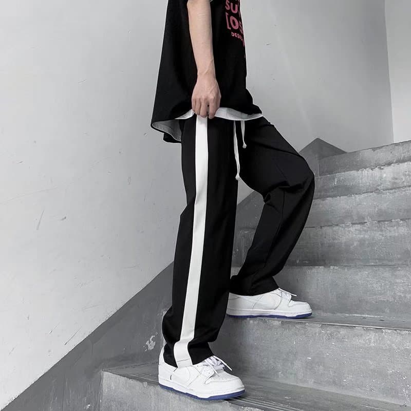 American High Street Sweatpants Men's Ins Fashion Straight Loose Fit Paneled Stripe Pants Versatile Droopy Wide Leg Floor-Length Trousers