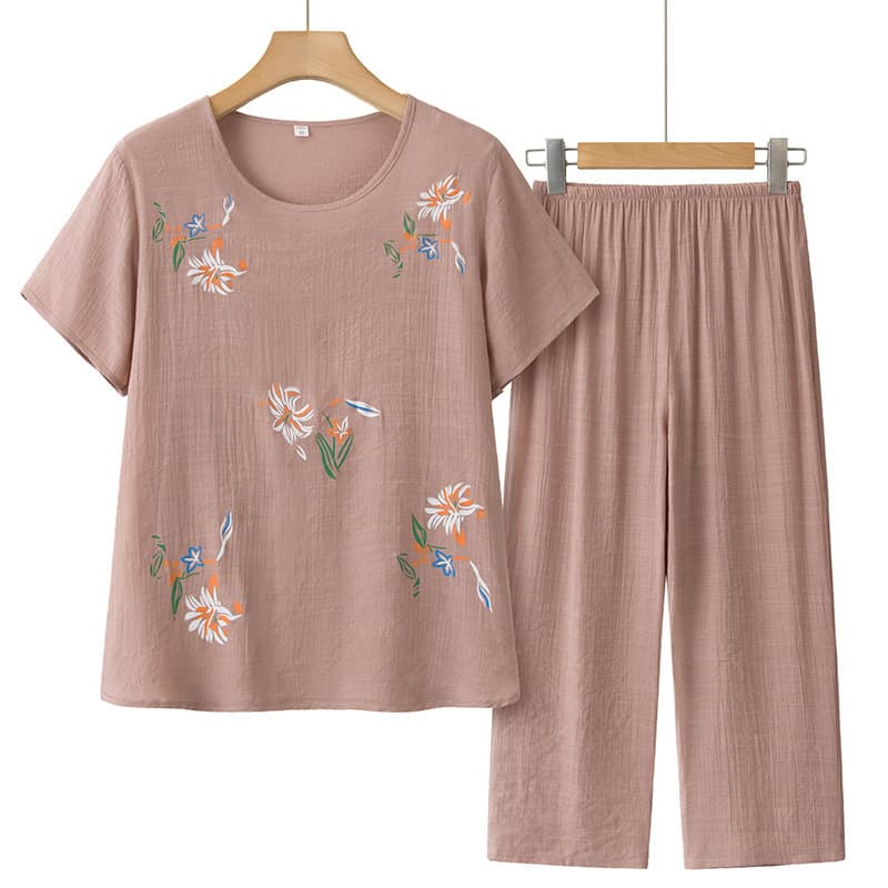 Summer Linen Short Sleeve Two-Piece Set for Elderly Women, Pajama Top and Pants Loungewear for Grandma and Mom