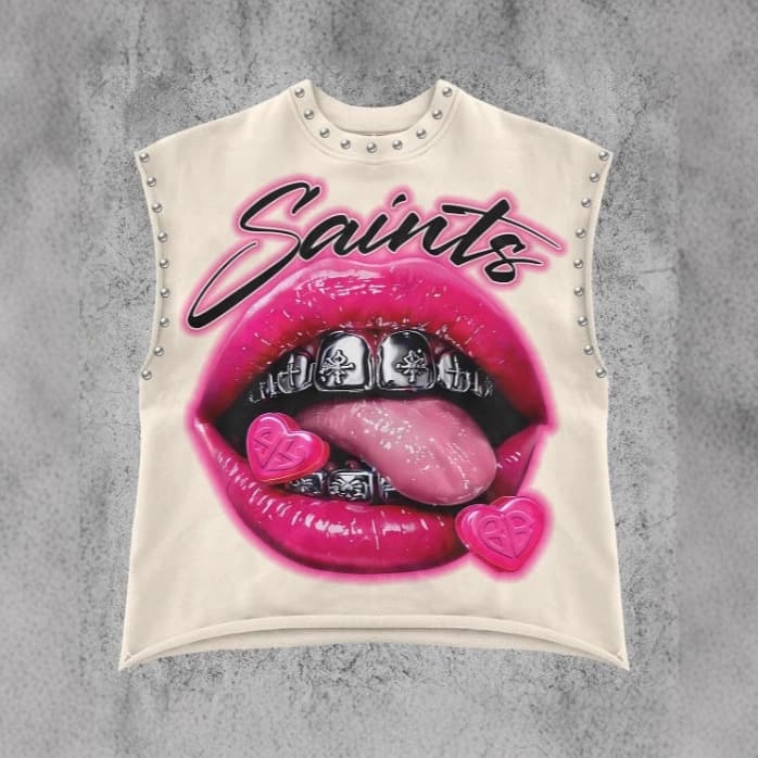 Fc1428 European and American Cross-Border Spring and Autumn Retro Lip Print Rivet Casual Vest European and American Hot Girls