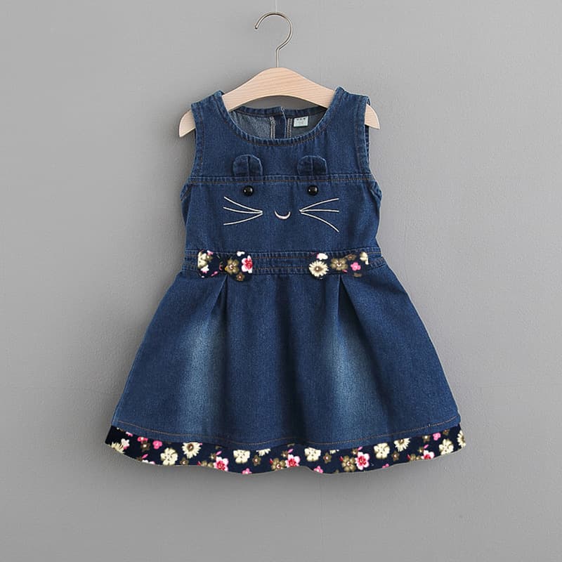 Cross-border Exclusive Children's Clothing Dress 2024 Spring/Autumn New Small/Medium Kids Denim Cat Vest Dress Drop Shipping