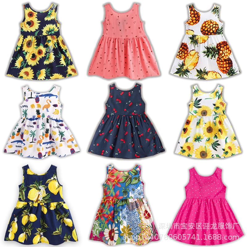 Summer Children's European and American Export Dress, Girls Cherry Print Dress, Sleeveless Dress for Toddlers and Young Girls