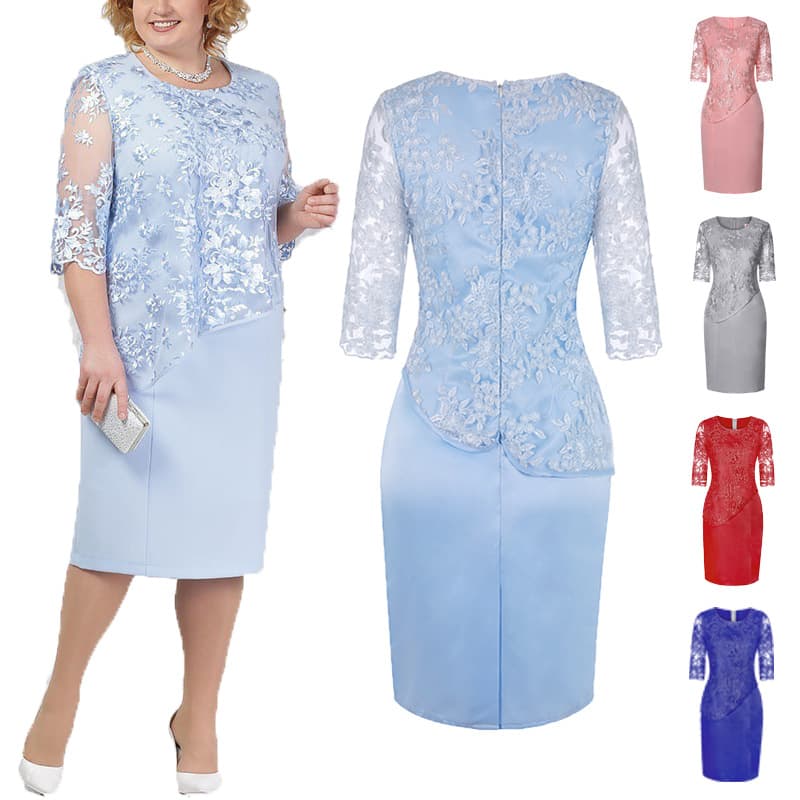 Elegant Plus Size Women's Dress Lace Evening Gown Fashionable European and American Style Midi Skirt Round Neck Short Sleeve