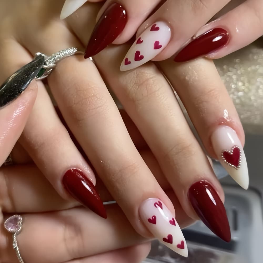 Cross-Border Hot Selling Valentine's Day Red Heart 3D Silver Bead Embellished Design Burgundy False Nails Fashion Wearable Nails