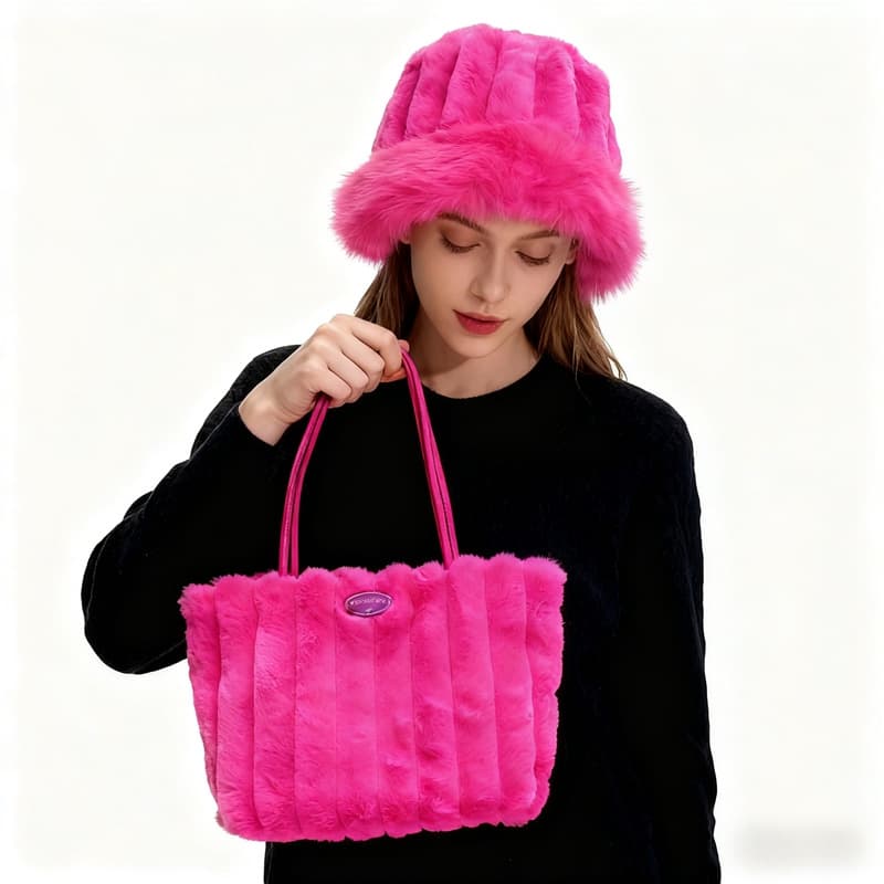 Fuzzy Plush Bucket Hat for Women Winter Korean Style Slimming Face Thick Warm Fisherman Hat Large Head Circumference Cold-Proof Basin Hat Tote Bag