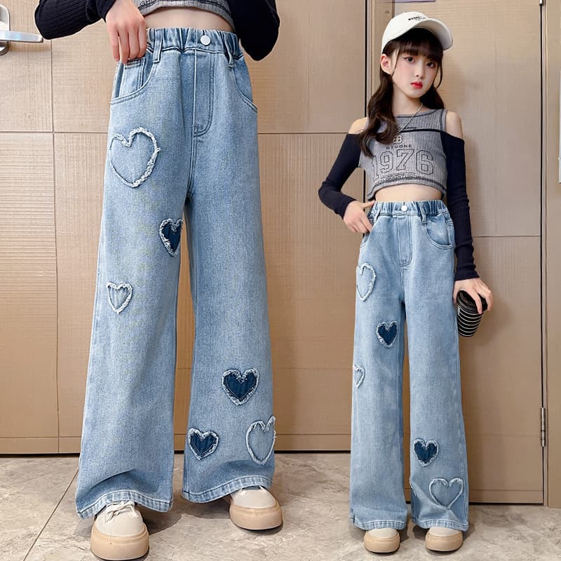 Wholesale Girls Jeans Spring New Style Big Kids Fashionable Heart Loose Wide Leg Pants Children Casual Long Pants