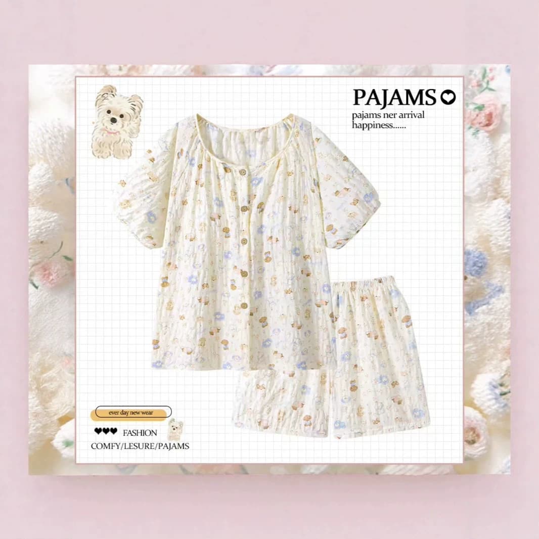 Summer Cloud Cotton Cute Pajamas for Women New Lightweight Short Sleeve Shorts Set Loungewear Wearable Outside