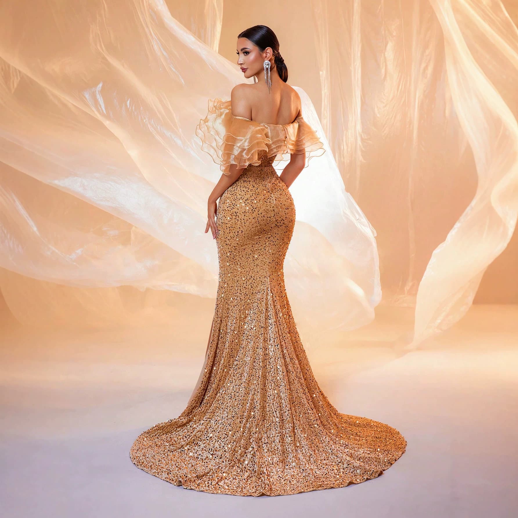 Cross-border European and American One-Shoulder Organza Ruffle Waist Sequins Split Fishtail Floor-Length Ball Gown Evening Dress