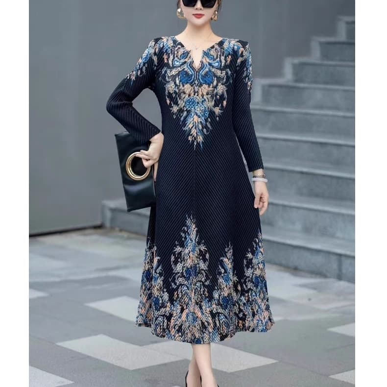 Magic Waist Slimming Midi Dress Summer High End Fashion Elegant Pleated Skirt Long Sleeve Urban Style Women's Dress